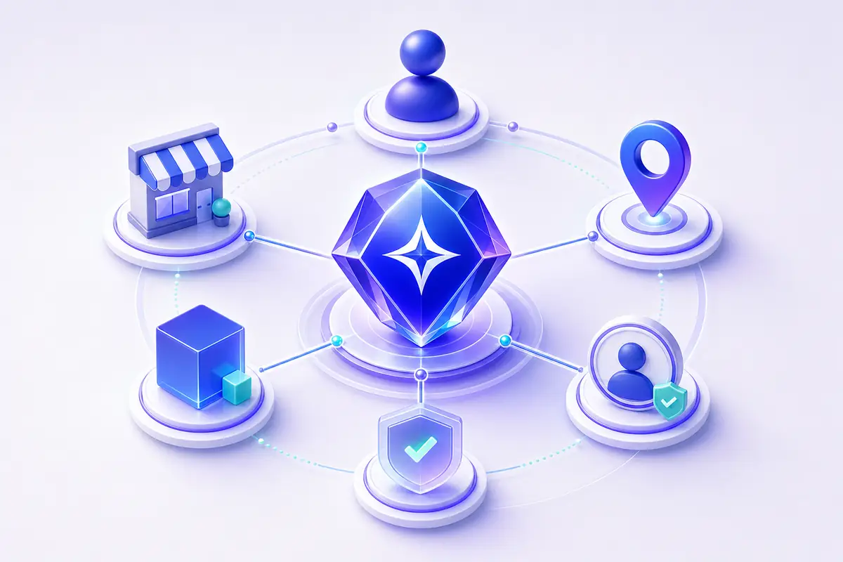 Central brand entity connected to people, products, business location and verified profiles